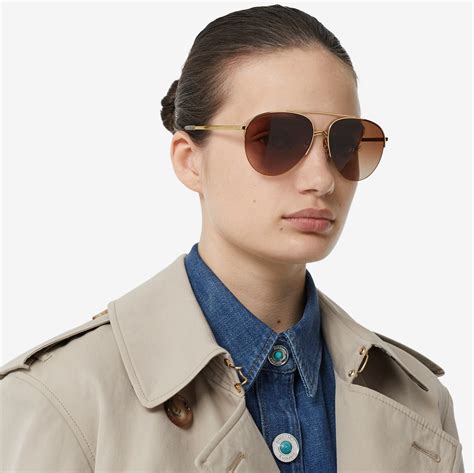 burberry gold tone metal|Vintage Check Detail Pilot Sunglasses in Light brown .